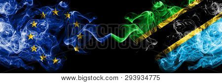 European Union Vs Tanzania, Tanzanian Smoke Flags Placed Side By Side. Thick Colored Silky Smoke Fla