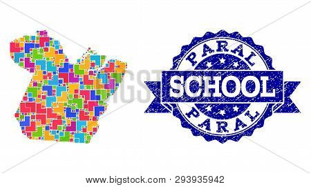 Mosaic Puzzle Map Of Paral State And Rubber School Seal With Ribbon. Vector Map Of Paral State Desig