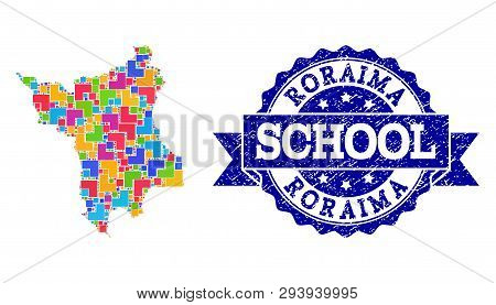 Mosaic Puzzle Map Of Roraima State And Grunge School Seal With Ribbon. Vector Map Of Roraima State D
