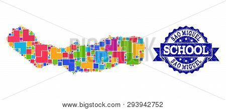 Mosaic Puzzle Map Of Sao Miguel Island And Corroded School Seal Stamp With Ribbon. Vector Map Of Sao