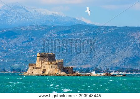Bourtzi Fortress In The Sea In Nafplio Or Nafplion Town The First Capital Of Greece, Peloponnese