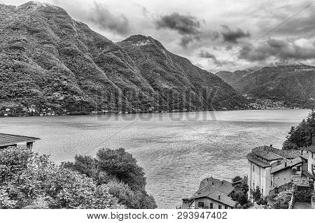 Scenic Landscape Over The Lake Como, As Seen From The Town Of Bellano, Italy