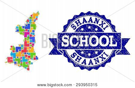 Mosaic Puzzle Map Of Shaanxi Province And Scratched School Seal With Ribbon. Vector Map Of Shaanxi P