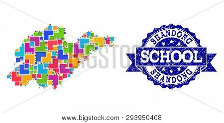 Mosaic Puzzle Map Of Shandong Province And Rubber School Seal Stamp With Ribbon. Vector Map Of Shand