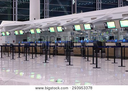 Guangzhou, China - Mart 10, 2019: Empty Check-in Desks In Guangzhou Baiyun International Airport.