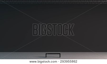 Blank Black Huge Gallery Wall With Bench In Museum Mockup, 3d Rendering. Empty Giant Canvas In Hall 