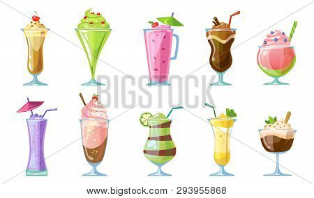 Summer Milkshake Collection.delicious Non-alcoholic Cocktails And Milkshakes Isolated On White Backg
