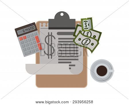 Clipboard Taxes With Calculator And Bills Vector Illustration Design