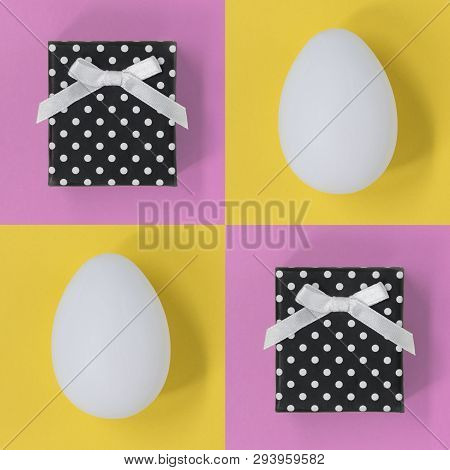 Easter Eggs And Gift Boxes, On A Pink And Yellow Square Background