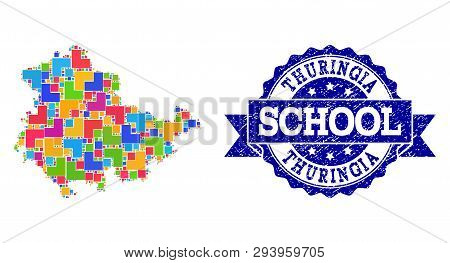 Mosaic Puzzle Map Of Thuringia State And Rubber School Seal With Ribbon. Vector Map Of Thuringia Sta