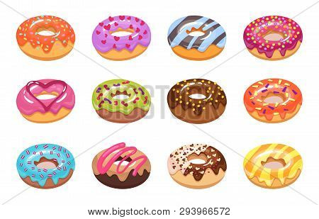 Sweet Tasty Donut Set Isolated On White Background.colorful Pastries Rich Toppings And Flavor In 3 D