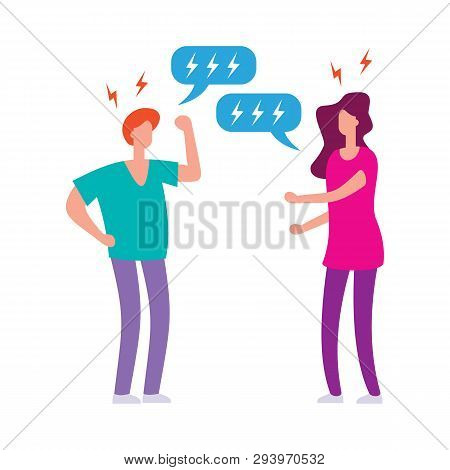 Angry Man And Woman Couple Have Quarrel Flat Illustration. Unhappy Family Conflict, Misunderstanding