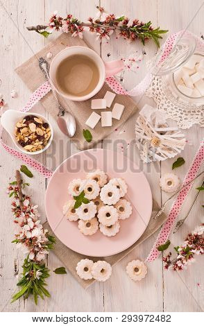 Canestrelli Biscuits With Mint On Pink Dish.