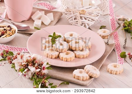 Canestrelli Biscuits With Mint On Pink Dish.