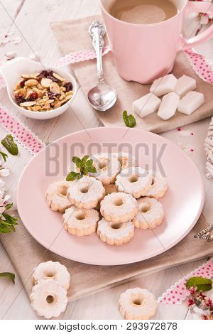 Canestrelli Biscuits With Mint On Pink Dish.