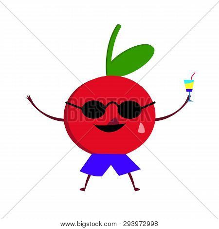 Cartoon Cherry In Black Sunglasses Holds In His Hand A Cocktail Concept Of The Summer Season And Hol