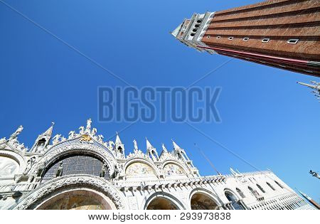 Saint Mark Basilica And The Bell Tower In Venice Italy By Fisheye Lens