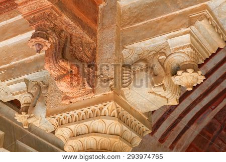 Ancient Bas-relief With Elephants At Column In Famous Amber Fort Near Jaipur, Rajasthan, India