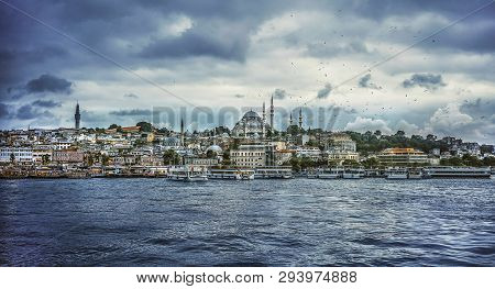 Sea Front Landscape Of Istanbul Historical Part, Turkey. Sea View Of Istanbul. Turkey Travel Concept