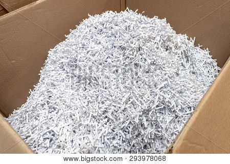 Paper Recycle Concept, White Shredded Paper Documents To Recycle In The Cardboard Box