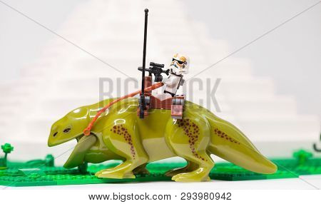 RUSSIA, SAMARA, April 05, 2019. Constructor Lego Imperial Stormtrooper Rides a Rosospinnik - Star Wars Episode 4