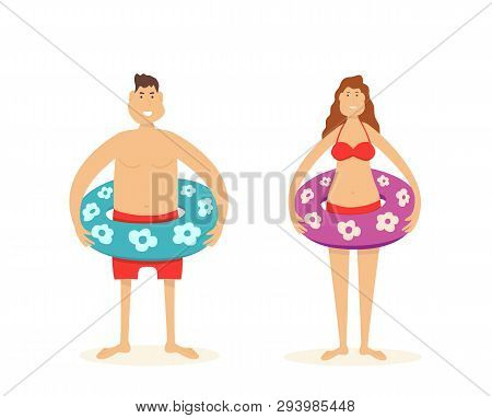 Man In Red Swimming Trunks And Woman In Red Swimsuit With Lifebuoys. Cartoon People Isolated On Whit