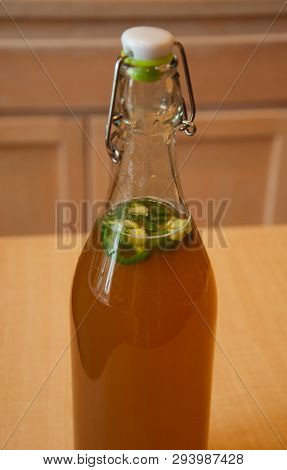 This Is A Finished Bottle Of Homemade Kombucha, With Jalepeno Just Added.  Kombucha Is A Fermented B