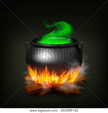 Witch Pot On Fire Wood With Green Potion And Steam On Black Background Realistic Vector Illustration