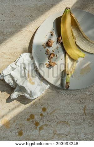 Dirty and empty dishes after breakfast and after party. Real life concept at home. 