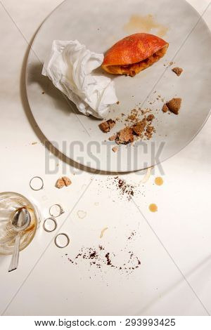Dirty and empty dishes after breakfast and after party. Real life concept at home. 