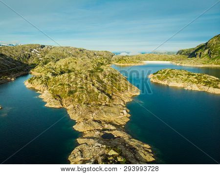 Aerial View. Lakes In Stone Rocky Mountains. Norway Landscape. Norwegian National Tourist Scenic Rou