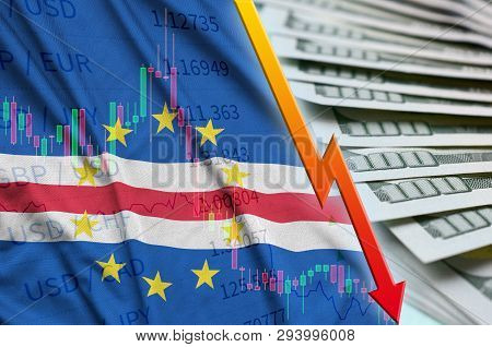 Cabo Verde Flag And Chart Falling Us Dollar Position With A Fan Of Dollar Bills
