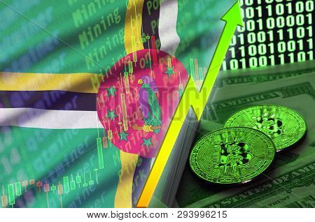 Dominica Flag And Cryptocurrency Growing Trend With Two Bitcoins On Dollar Bills And Binary Code Dis