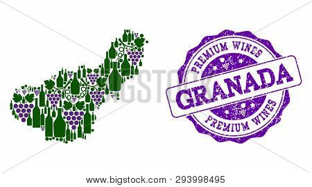 Vector Collage Of Grape Wine Map Of Granada Province And Purple Grunge Seal For Premium Wines Awards