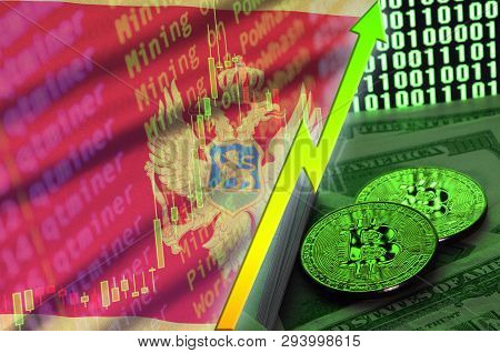 Montenegro Flag And Cryptocurrency Growing Trend With Two Bitcoins On Dollar Bills And Binary Code D