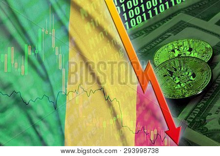 Mali Flag And Cryptocurrency Falling Trend With Two Bitcoins On Dollar Bills And Binary Code Display