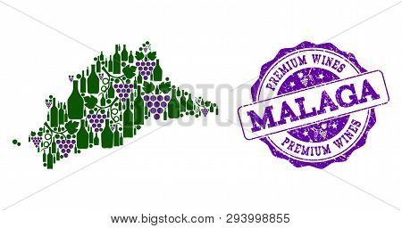 Vector Composition Of Grape Wine Map Of Malaga Province And Purple Grunge Seal For Premium Wines Awa