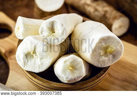 Peeled Cassava Root, Used In Brazilian Cuisine. Called Cassava, Aipin Castelinha, Uaipi, Sweet Cassa