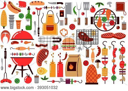 Barbecue Doodle Set. Collection Of Bbq Elements For Cooking Grill Coal Steak Brazier Skewer Seasonin