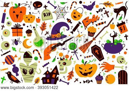 Halloween Doodle Set. Collection Of Bats Spooky Pumpkins Owls Scary Creatures Alchemic Vodoo Equipme
