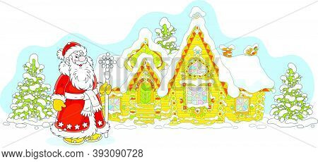 Santa Claus With A Magical Ice Staff In Front Of His Snow-covered And Colorfully Decorated Log House
