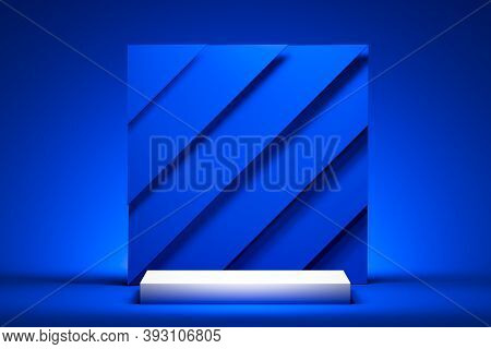 White Foursquare Showcase With Empty Space On Pedestal Near Blue Geometric 3d Rendering