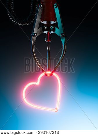 Robotic Claw Grabbed Red Heart Icon Made Of Neon Lamps. Like Icon 3d Rendering