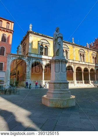 Verona, Italy - September 22, 2014: Dante Alighieri Statue In Piazza Dei Signori - Verona, Italy