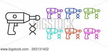 Black Line Transfer Liquid Gun In Biological Laborator Icon Isolated On White Background. Set Icons 