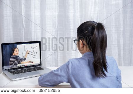 Asian Little Girl Student Learning Via Internet Online Class From School Teacher Duling Covid-19 Out