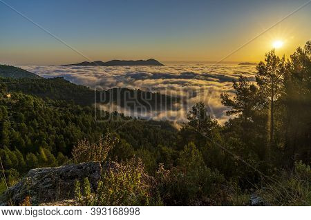 Sunrise Views From The Montcabrer Mountain In A Day With Clouds, Cocentaina.
