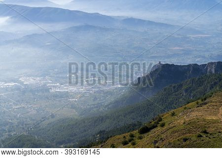 Sunrise Views From The Montcabrer Mountain With Cocentaina Castle At Right, Cocentaina.