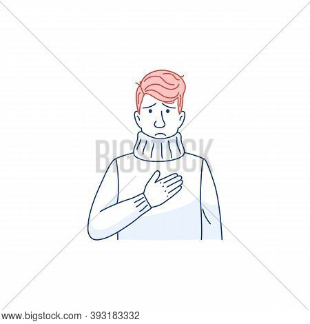 Chest Pain Symptom Flat Line Icon. Sick Young Man Has Heart Attack Isolated On White. Difficulty Bre