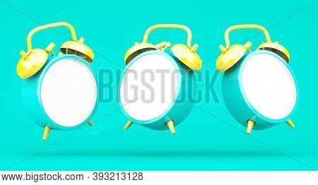 3d Rendering Blue Alarm Clock On Blue Background